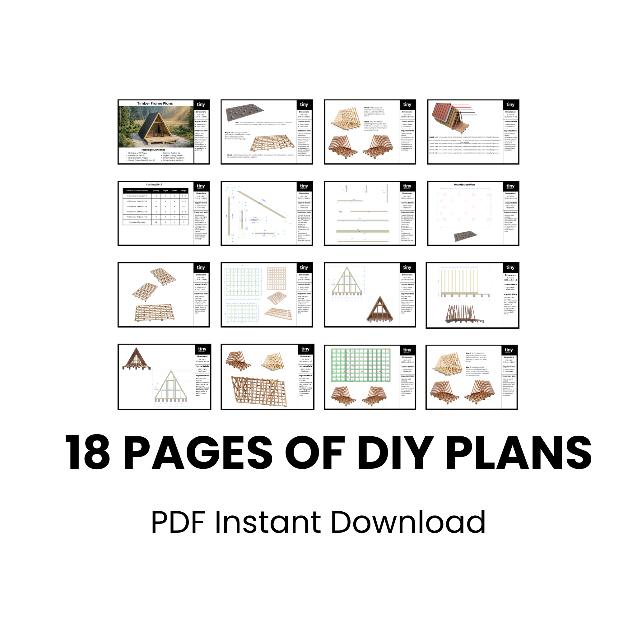 Tiny A-Frame Cabin Plans, 12' x 17' - 1 Bedroom 200 SF, DIY House Blueprint