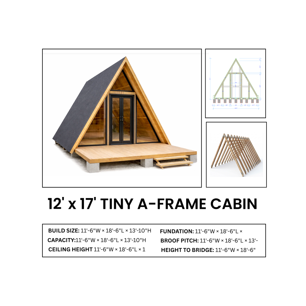 Tiny A-Frame Cabin Plans, 12' x 17' - 1 Bedroom 200 SF, DIY House Blueprint