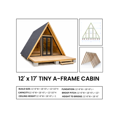 Tiny A-Frame Cabin Plans, 12' x 17' - 1 Bedroom 200 SF, DIY House Blueprint
