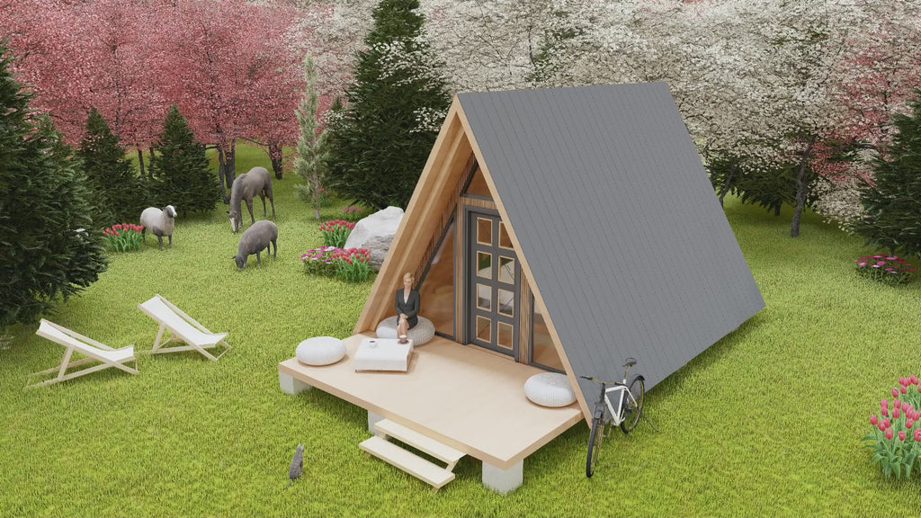 Tiny A-Frame Cabin Plans, 12' x 17' - 1 Bedroom 200 SF, DIY House Blueprint